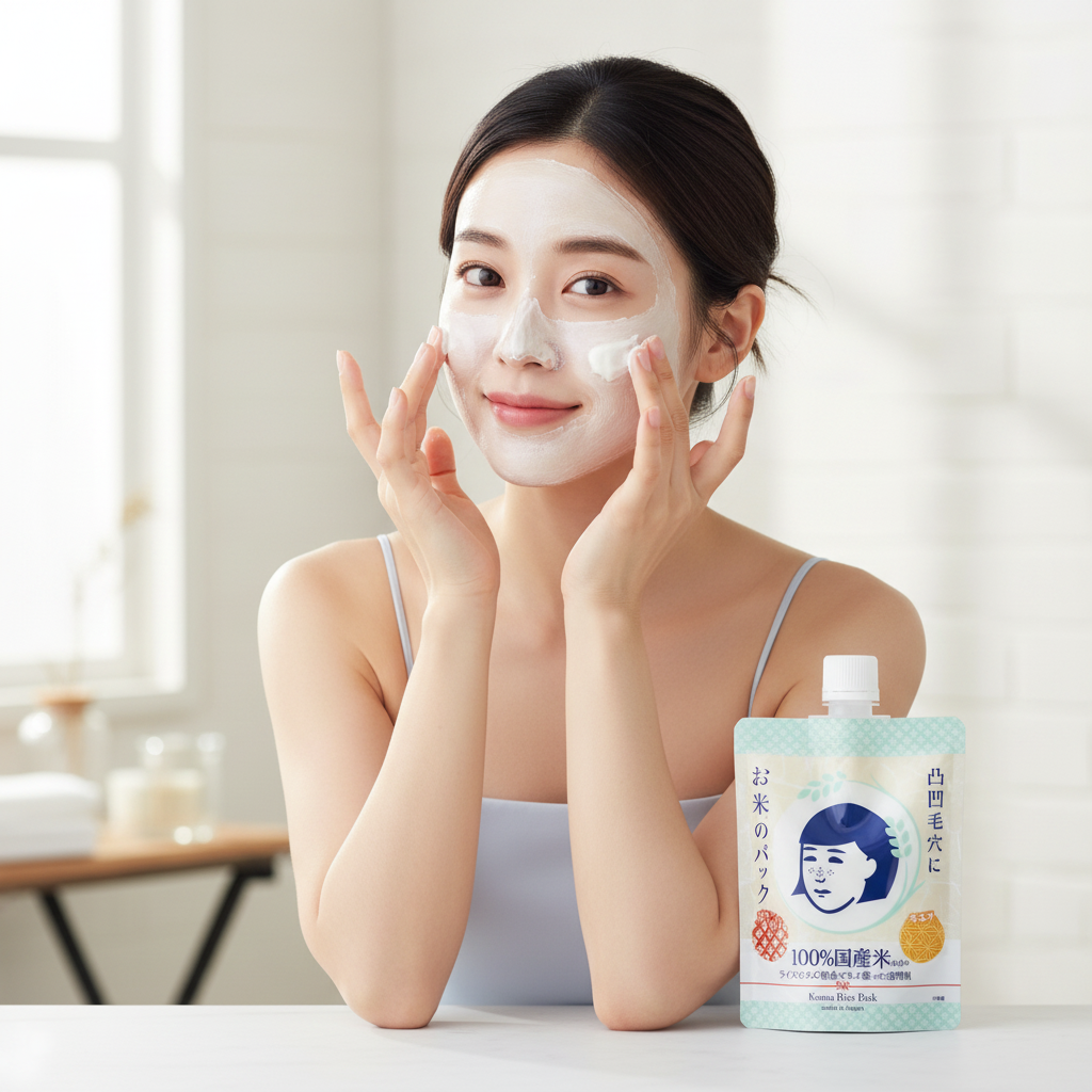 Korean girl applying rice mask